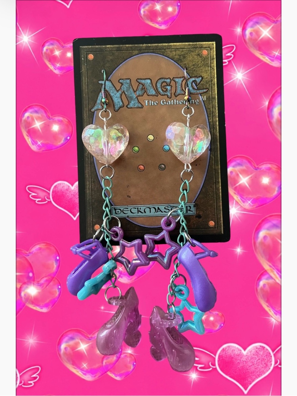 Magic: The Gathering Heart & Charm Dangle Earrings — Purple, Teal, Pink